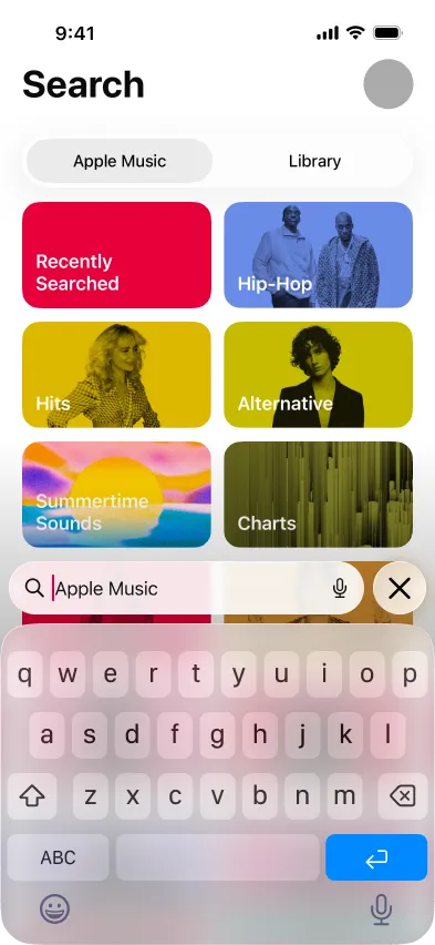 Apple Music search screen, active by default