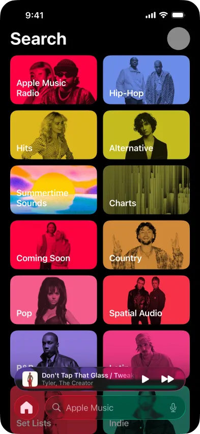 Apple Music search screen, dark mode