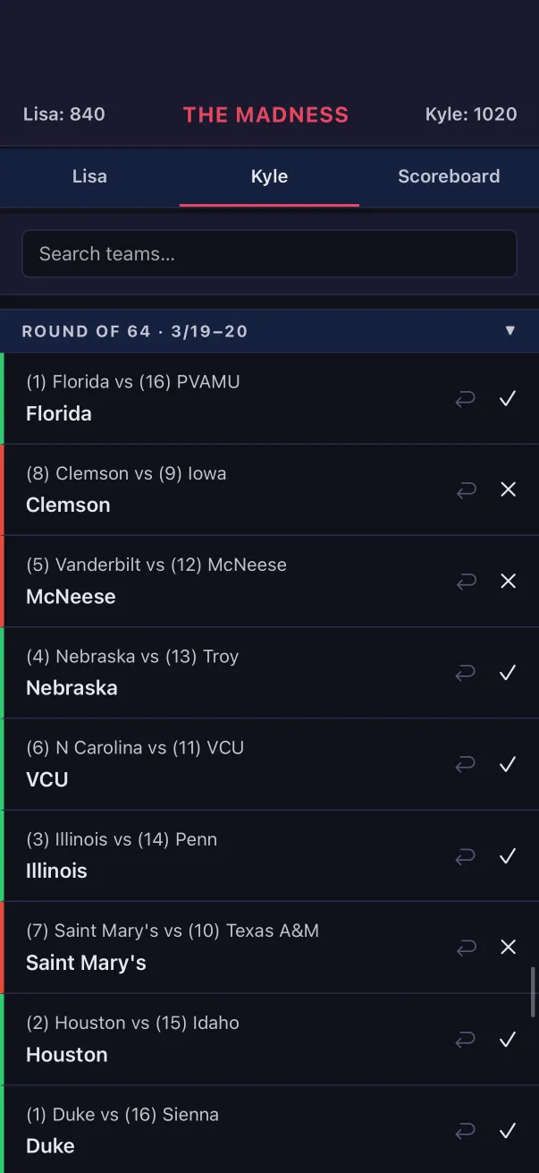 Bracket tracker, game view